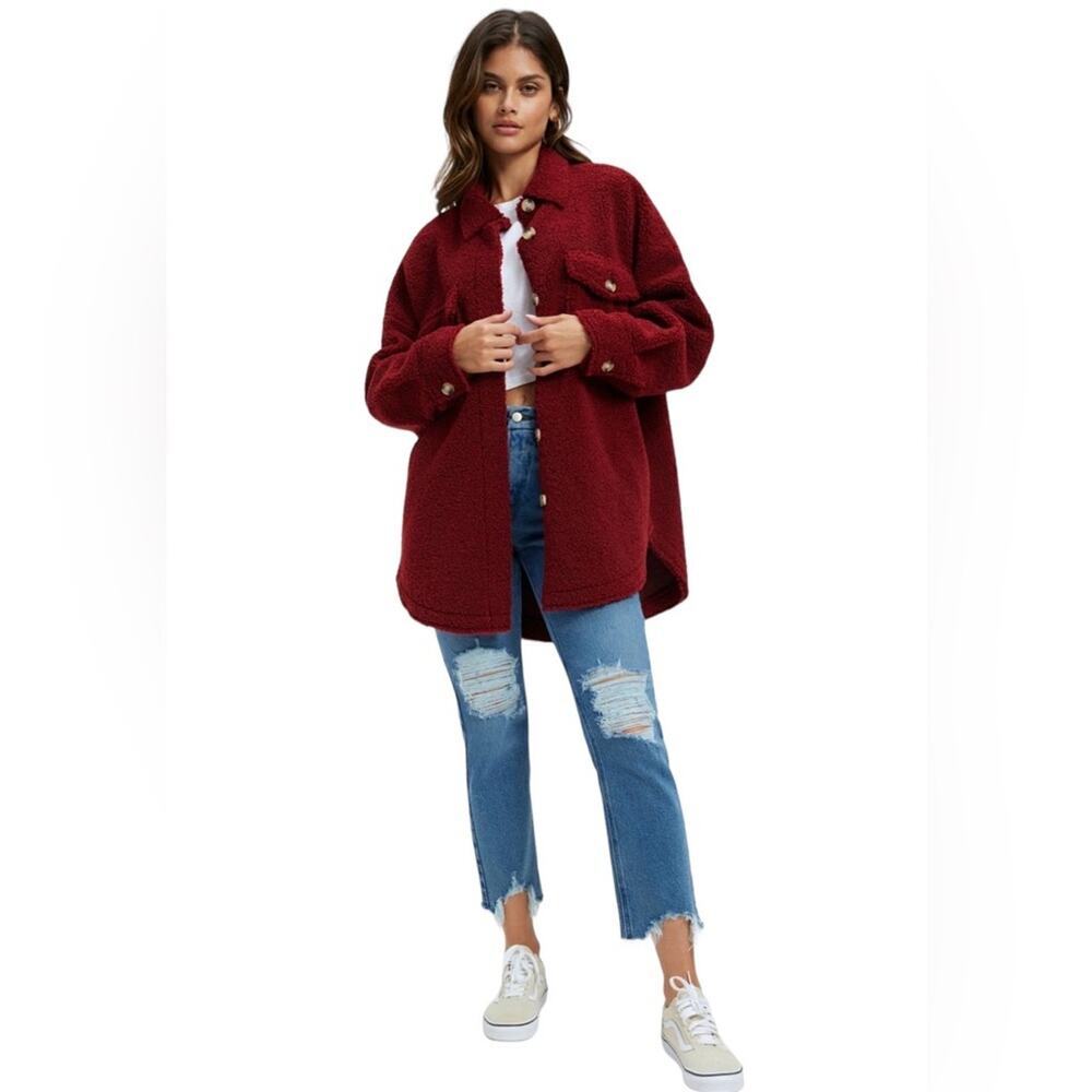 Good American Team Cardinal Sherpa Shacket Burgundy Red  Size XS NWT